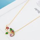 Gecko Flower Enamel Pendant Alloy Necklace Pink & Green & Gold - One Size