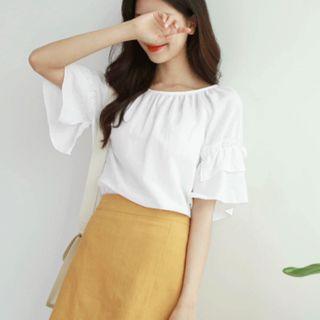 Frill-trim Shirred Linen Blend Blouse