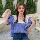 Short-sleeve Lace Trim Gingham Check Blouse