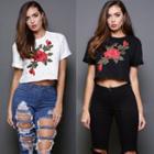 Flower Embroidered Cropped Short Sleeve T-shirt