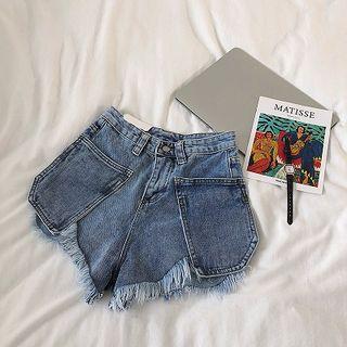 Asymmetric Frayed Double-pocket High-waist Denim Shorts