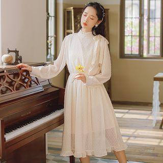 Frill Trim Stand Collar Long-sleeve Dress