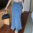 High Waist Distressed Denim Midi Mermaid Skirt