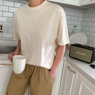 Crew-neck Plain T-shirt Cream - One Size