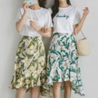Set: Lettering-embroidered T-shirt + Asymmetric-hem Floral Skirt