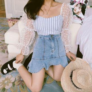 Long-sleeve Dotted Mesh Striped Top