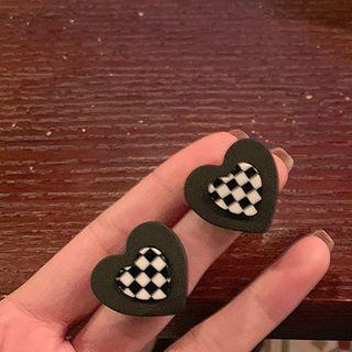 Checkerboard Heart Stud Earring 1 Pair - Black - One Size