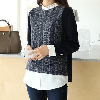 Crochet-collar Lace-panel Knit Blouse