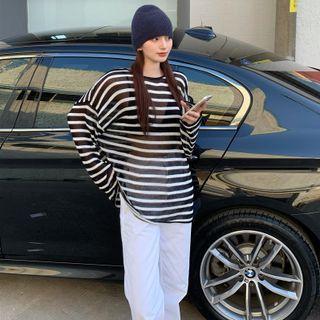 Round-neck Long Sleeve Striped See-through Knit Top