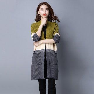 Wool Blend Color-block Long Cardigan