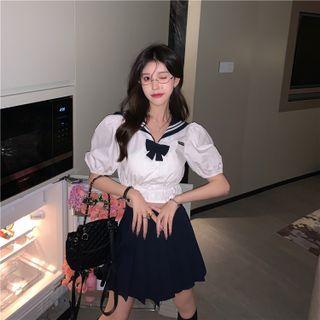 Two Tone Bow Cropped Top / High-waist Plain Pleated A-line Mini Skirt