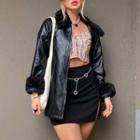Faux Leather Fluffy Collar Long Sleeve Jacket