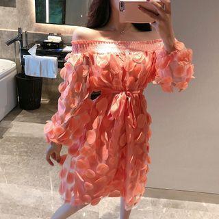 Off-shoulder Mesh Tie-waist Midi A-line Dress