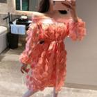 Off-shoulder Mesh Tie-waist Midi A-line Dress