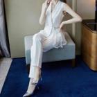 Set: Lace Panel Double-breasted Sleeveless Blazer + Dress Pants