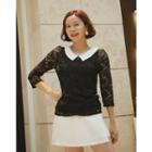 Contrast-collar 3/4-sleeve Lace Top