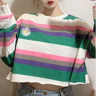 Loose-fit Long-sleeve Daisy Printed Striped Sweatshirt