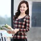 Plaid Blouse With Brooch