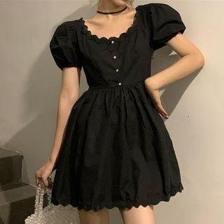 Scallop-hem Short-sleeve Mini Dress Black - One Size