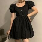 Scallop-hem Short-sleeve Mini Dress Black - One Size