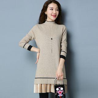 Mock Two-piece Velvet Panel Long-sleeve Knit Dress