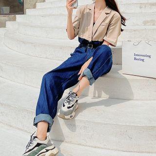 Elbow-sleeve Two-tone Straight Leg Denim Jumpsuit