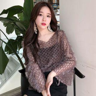 Set: Long-sleeve Perforated Top + Spaghetti Strap Top