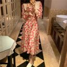 Collared Floral Print Long-sleeve Midi A-line Dress As Shown In Figure - One Size