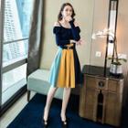 Set: Off-shoulder Long-sleeve Knit Top + Color Block A-line Skirt