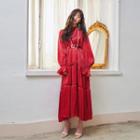 Bell-sleeve Midi Velvet A-line Dress With Belt With Belt - Red - One Size