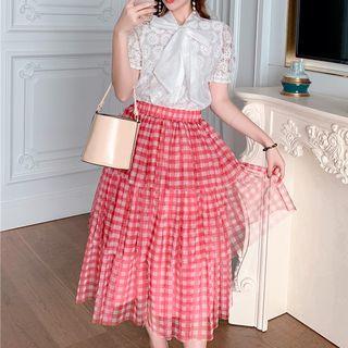 Set: Bow Accent Lace Short-sleeve Blouse + Checked Midi Layered Skirt