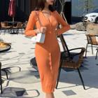 V-neck Button-front Rib-knit Dress