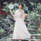 Traditional Chinese 3/4-sleeve Lace Paneled Chiffon Midi Dress