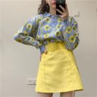 Polo Collar Floral Sweater / Mini Corduroy A-line Skirt