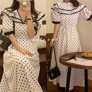 Puff-sleeve Dotted Ruffled A-line Dress White - One Size