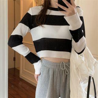 Long-sleeve Striped Knit Cropped Top