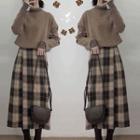 Long-sleeve Mock-neck Top / Sweater / Plaid Midi A-line Skirt