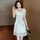 Short-sleeve Square-neck Dotted Shirred Dress