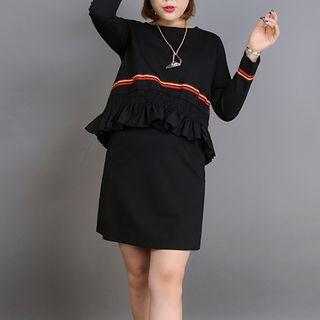 Mock Two-piece Stripe Frill Trim Long-sleeve Dress