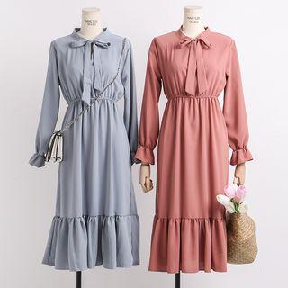 Tie-neckline Ruffled-trim Midi Dress