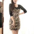Long-sleeve Panel Dress Leopard-brown - One Size