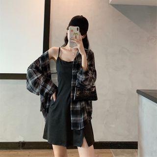 Long-sleeve Plaid Shirt / Spaghetti Strap A-line Mini Dress