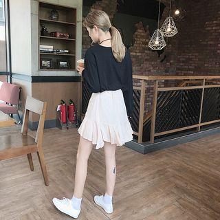 Set: Plain Long Sleeve T-shirt + Plain Flared Skirt