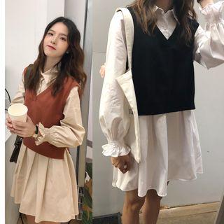 Long-sleeve Collared Dress / V-neck Knit Vest