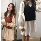 Long-sleeve Collared Dress / V-neck Knit Vest