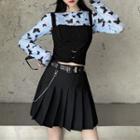 Long-sleeve Butterfly Print T-shirt / Mini Pleated Skirt / Cropped Camisole Top / Set