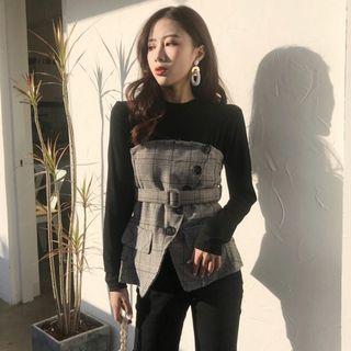 Mock Two-piece Plaid Panel Long-sleeve Top