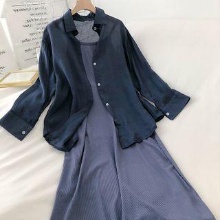 Set Of 2: Long-sleeve Chiffon Shirt + Spaghetti Strap Dress