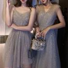 Glitter Strappy A-line Party Dress / Sleeveless Midi Dress
