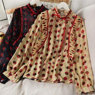 Ribbon-neckline Printed Chiffon Shirt